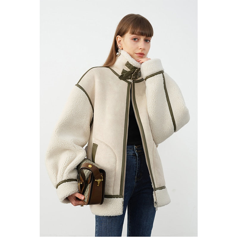 Faux Shearling Contrast Trim Buckle Collar Zip Front Jacket 2