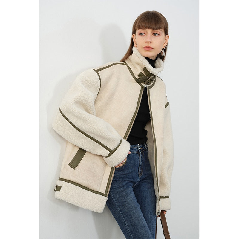 Faux Shearling Contrast Trim Buckle Collar Zip Front Jacket