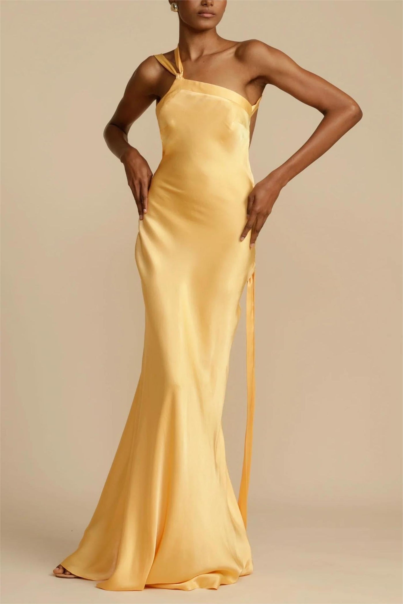 Moonlit Soiree - Satin Asymmetrical One Shoulder Maxi Dress - View 9
