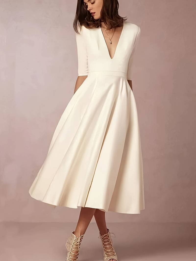 Deep V-Neck Satin Fit and Flare Midi Dress 2