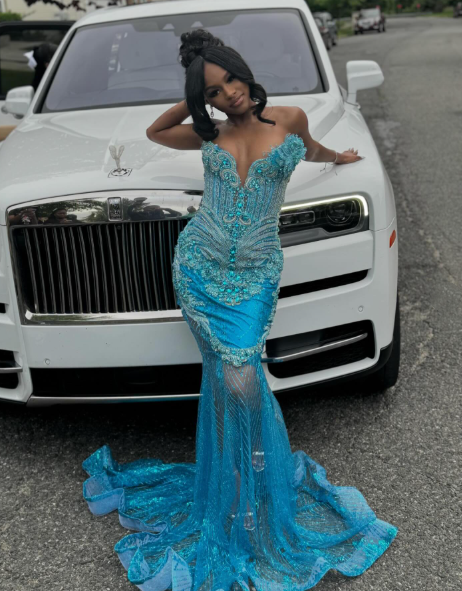 Luxurious Strapless Blue Tulle Sequin Beaded Mermaid Evening Dress Long Party Gown D1036