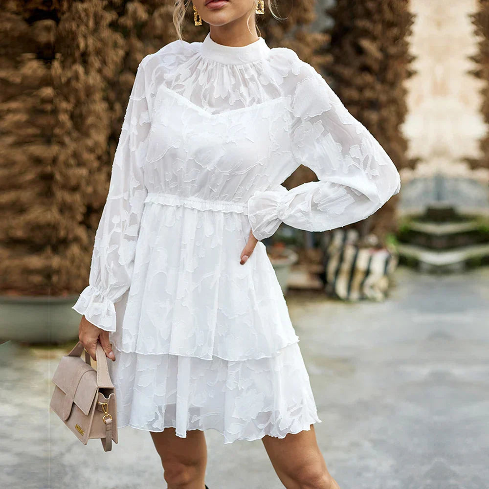 Jacquard Floral High Neck Sheer Ruffle Cuff Long Sleeve Tiered Mini Dress