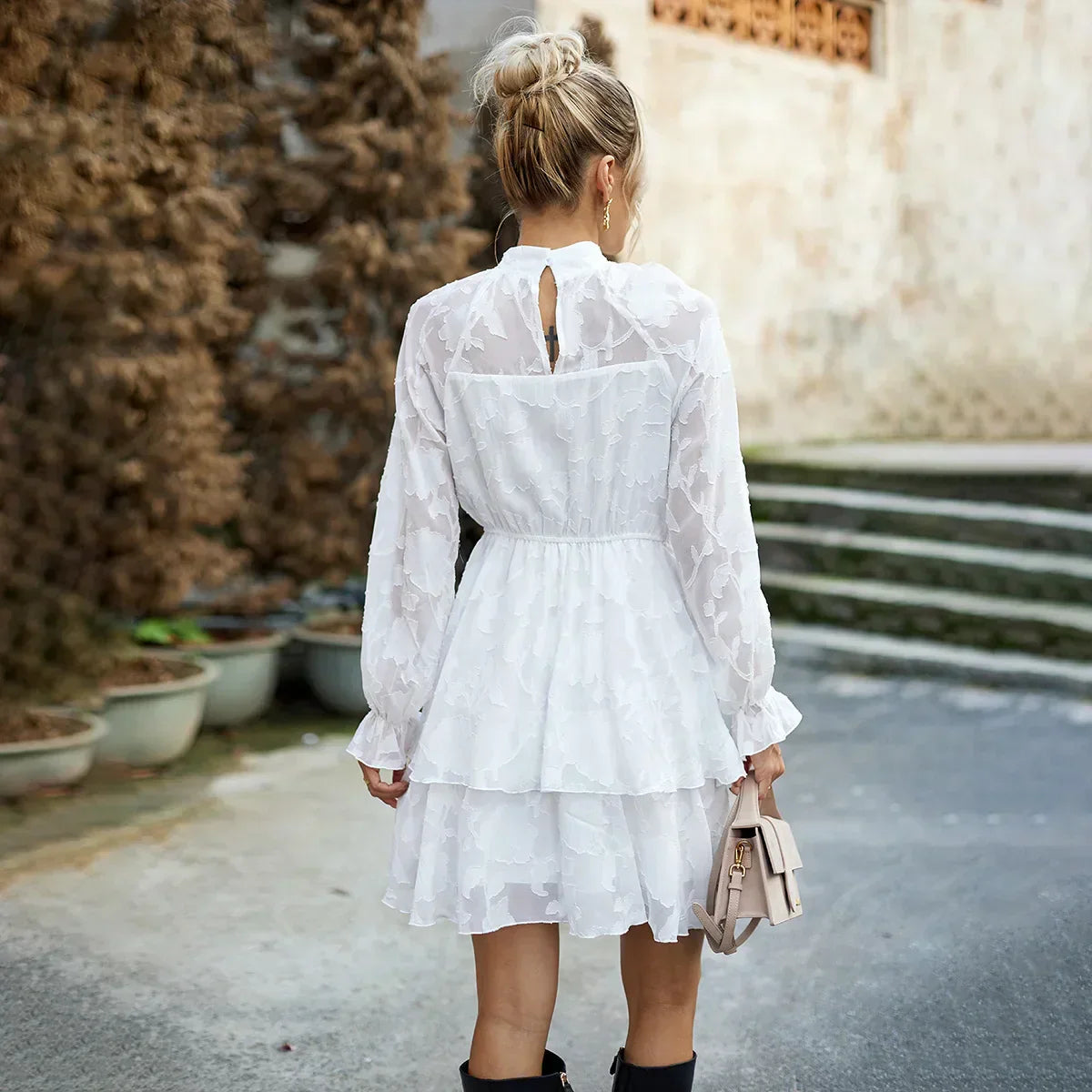 Jacquard Floral High Neck Sheer Ruffle Cuff Long Sleeve Tiered Mini Dress