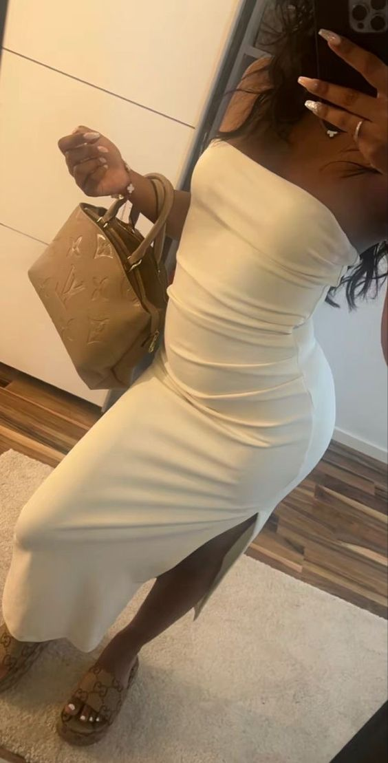 Classy White Strapless Sheath Prom Dress With Split cc1193