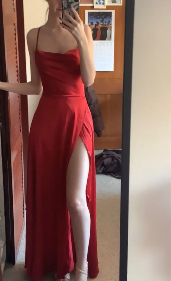 Simple Red Satin Spaghetti Straps Long Prom Dress cc975