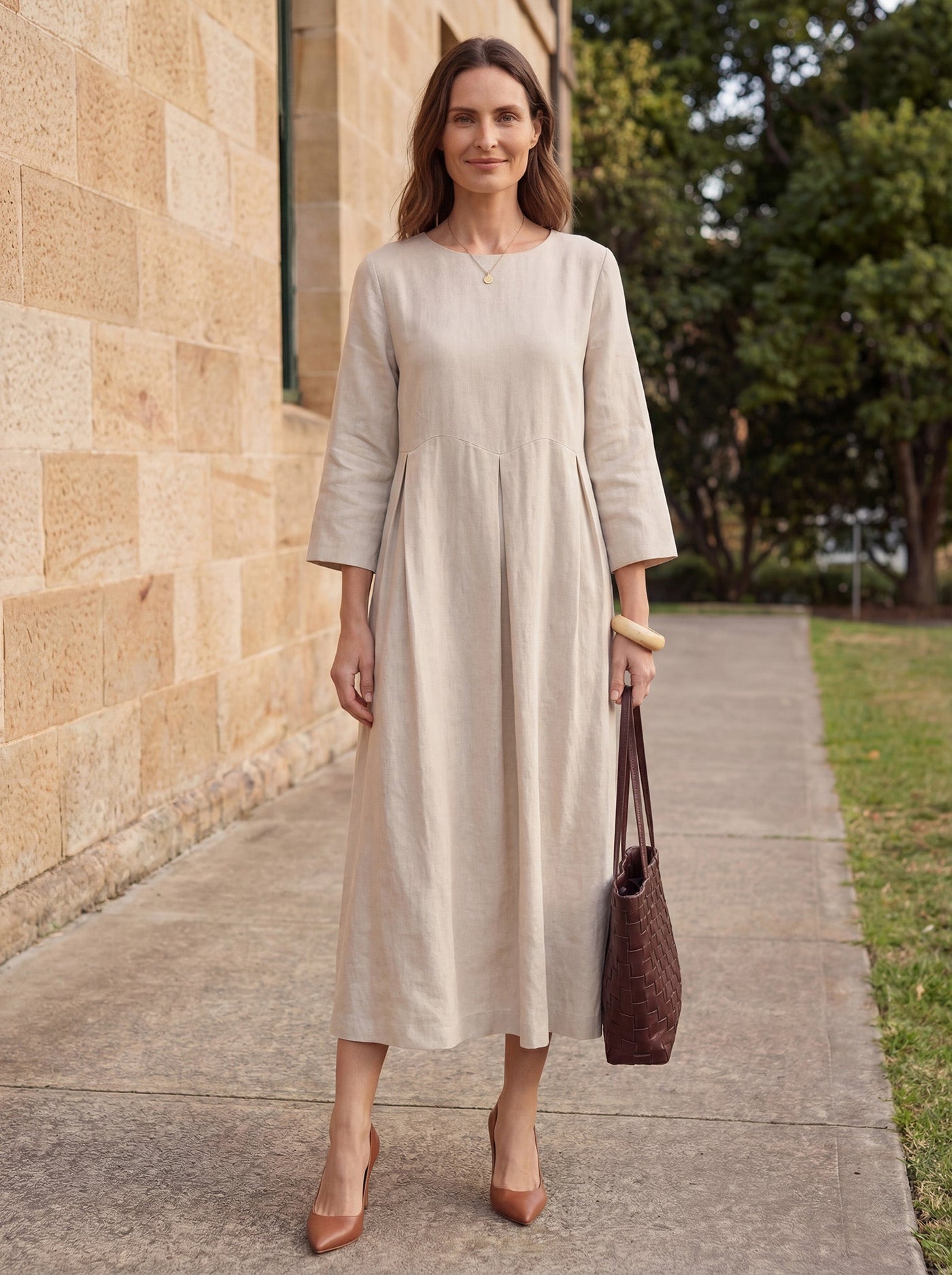 Pleated Round Neck Pocket A-Line Maxi Dress 3