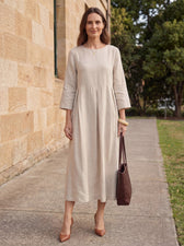 Pleated Round Neck Pocket A-Line Maxi Dress 3
