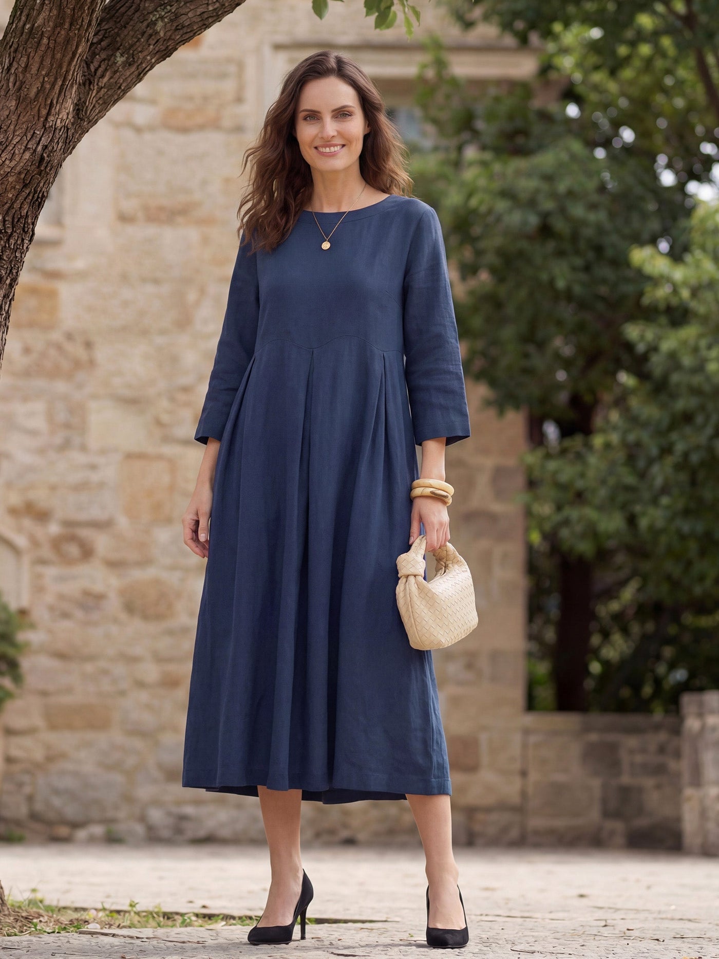 Pleated Round Neck Pocket A-Line Maxi Dress 23
