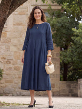 Pleated Round Neck Pocket A-Line Maxi Dress 23