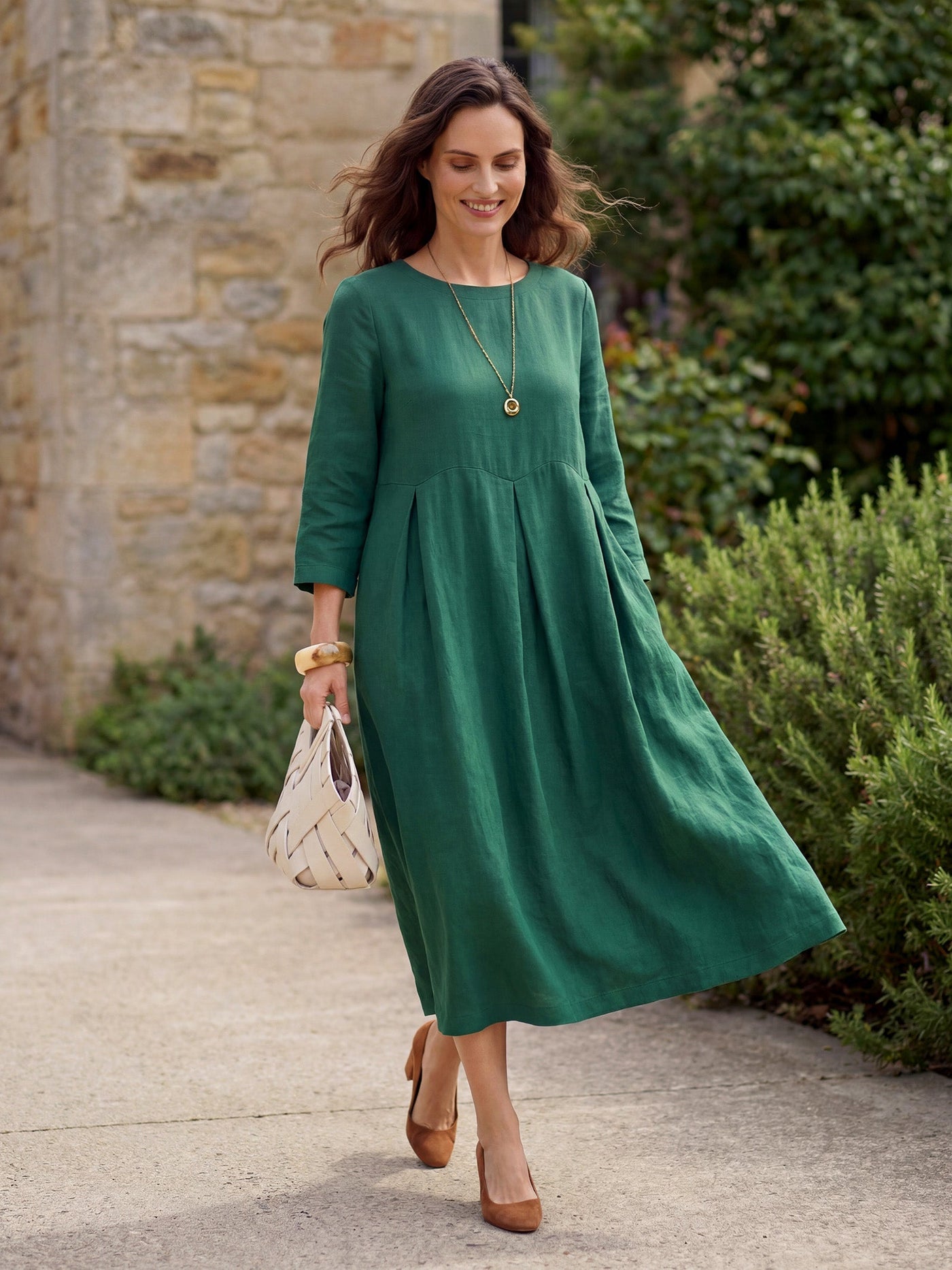 Pleated Round Neck Pocket A-Line Maxi Dress 14