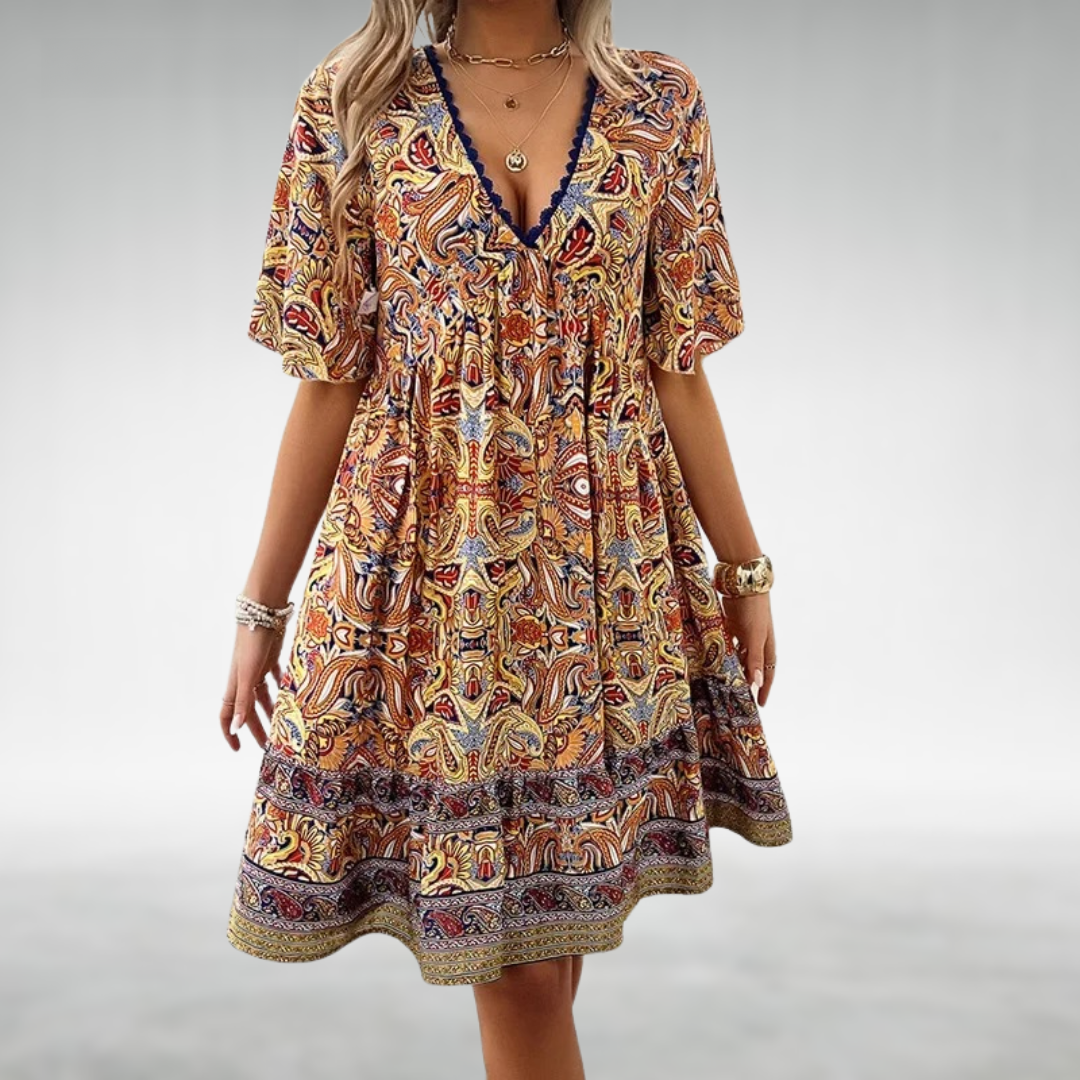 Adriana - Bohemian Summer Paisley Print Mini Dress Yellow