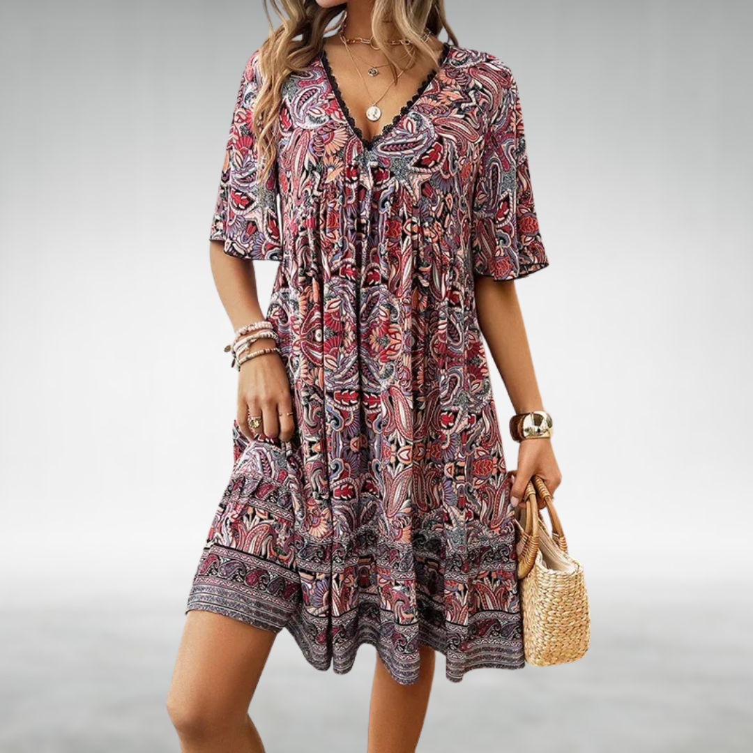 Adriana - Bohemian Summer Paisley Print Mini Dress Red