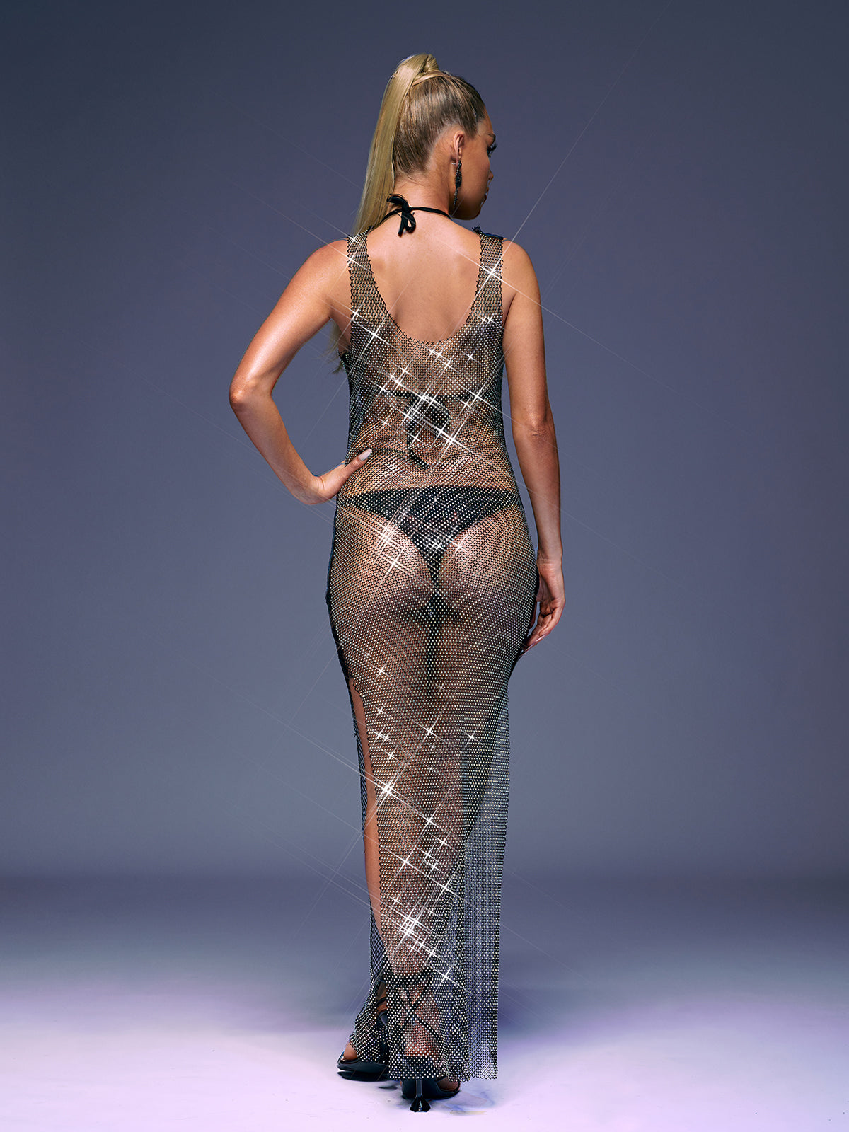 Magdalena Mesh Rhinestone Maxi Dress In Black 4
