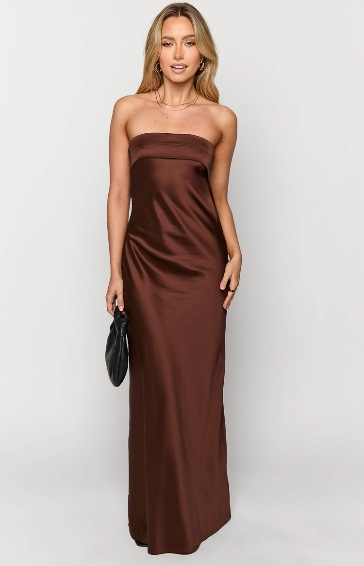 Satin Strapless Fold Over Neckline Bias Cut Maxi Dress 2