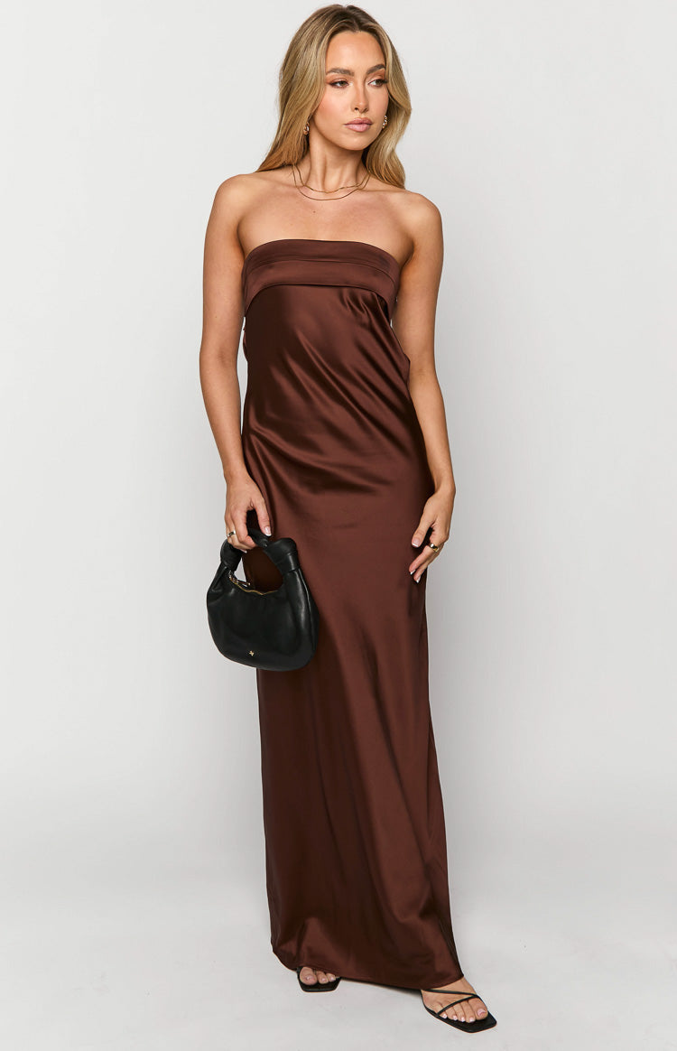 Satin Strapless Fold Over Neckline Bias Cut Maxi Dress 3