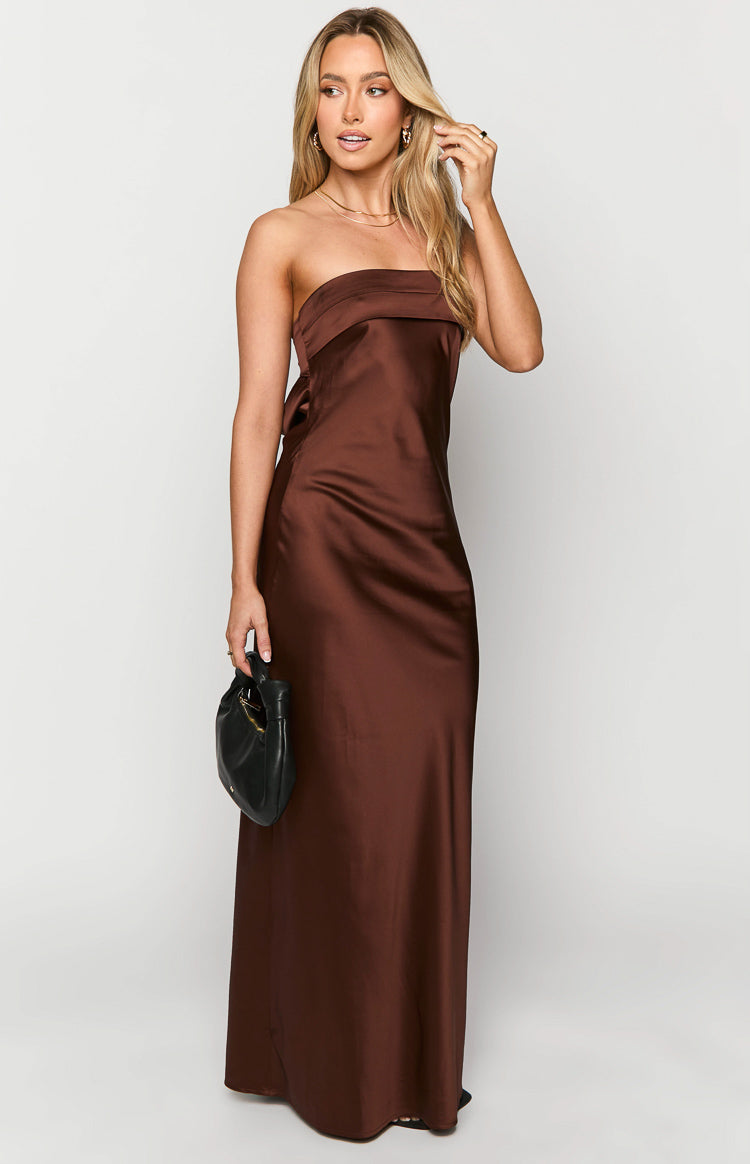 Satin Strapless Fold Over Neckline Bias Cut Maxi Dress 4