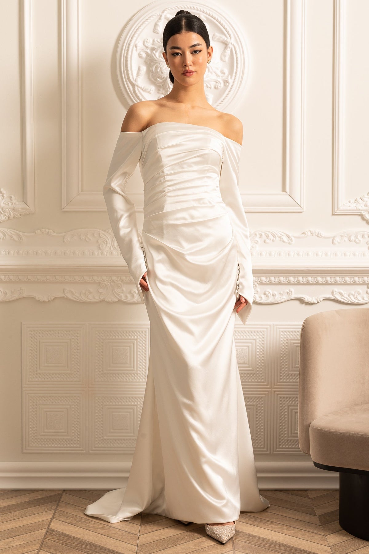 Satin Off Shoulder Long Sleeve Ruched Draped Maxi Gown 5