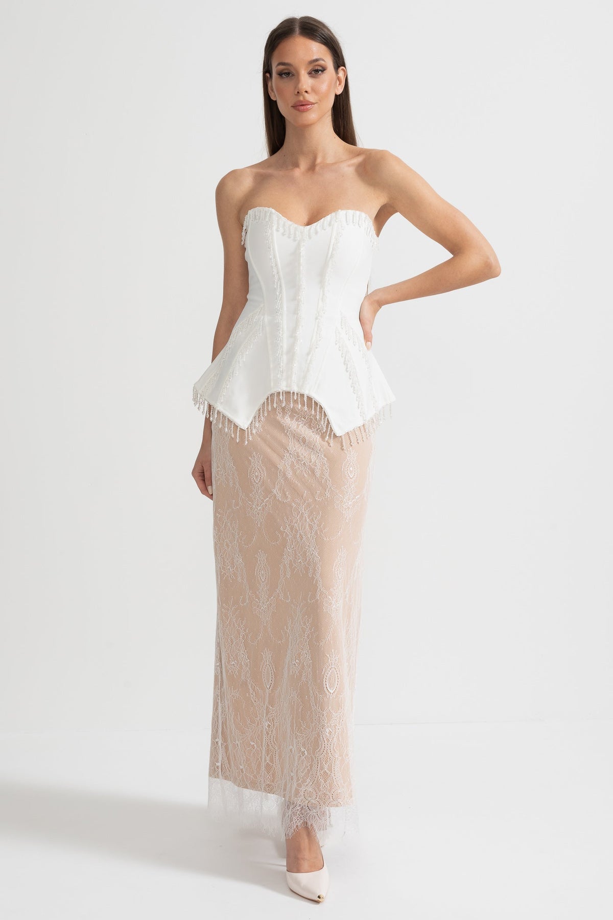 Strapless Beaded Fringe Peplum Corset Lace Maxi Dress