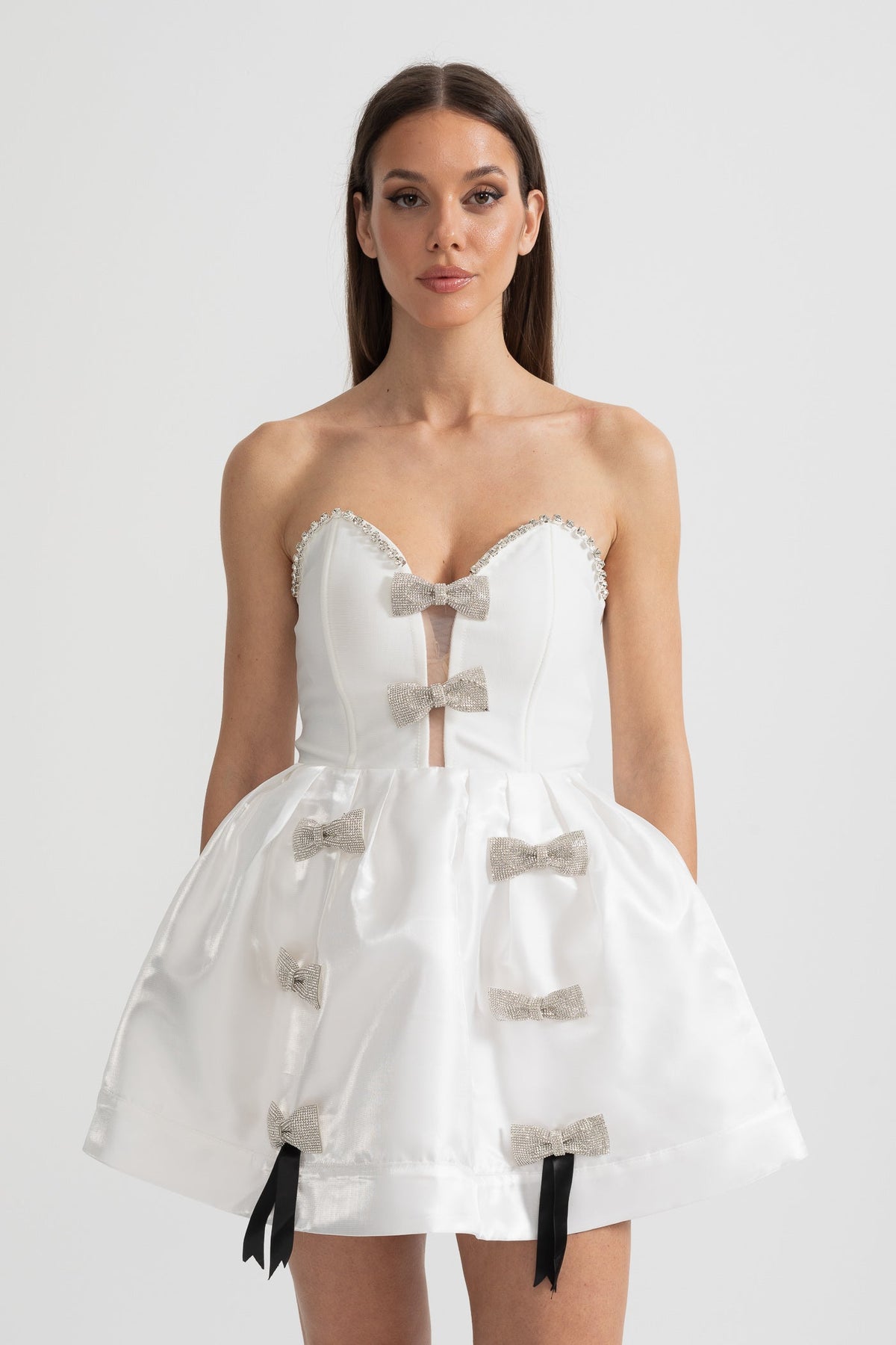 Strapless Sweetheart Rhinestone Bow Corset Satin Flared Mini Dress