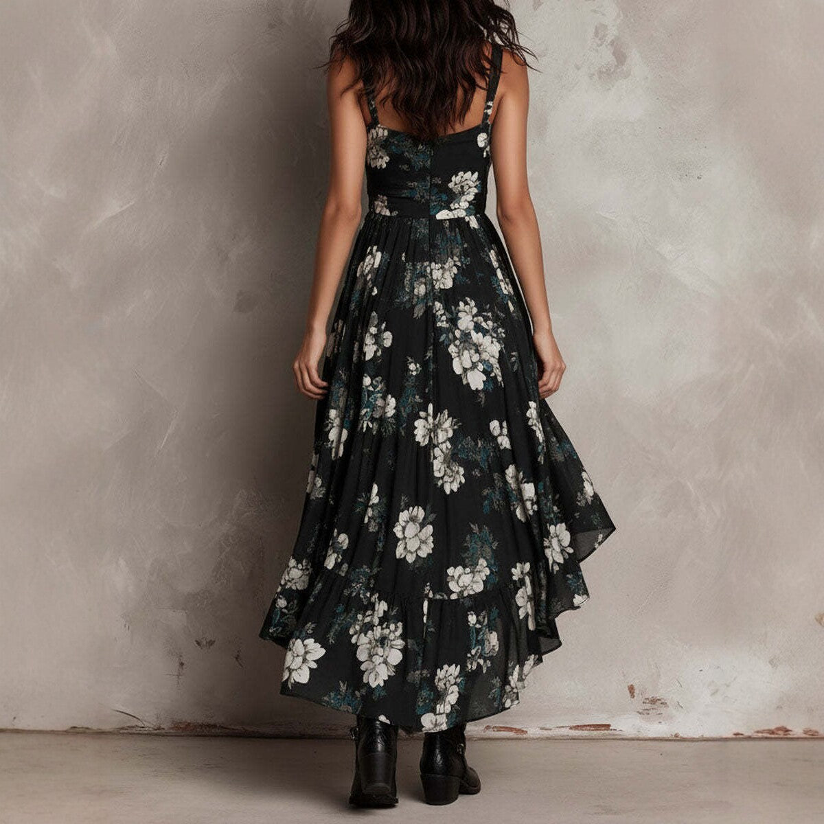 Floral Ruched Spaghetti Strap High Low Ruffle Midi Dress