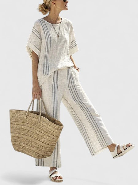 Striped Short Sleeve Top and Wide Leg Pants Two Piece Set