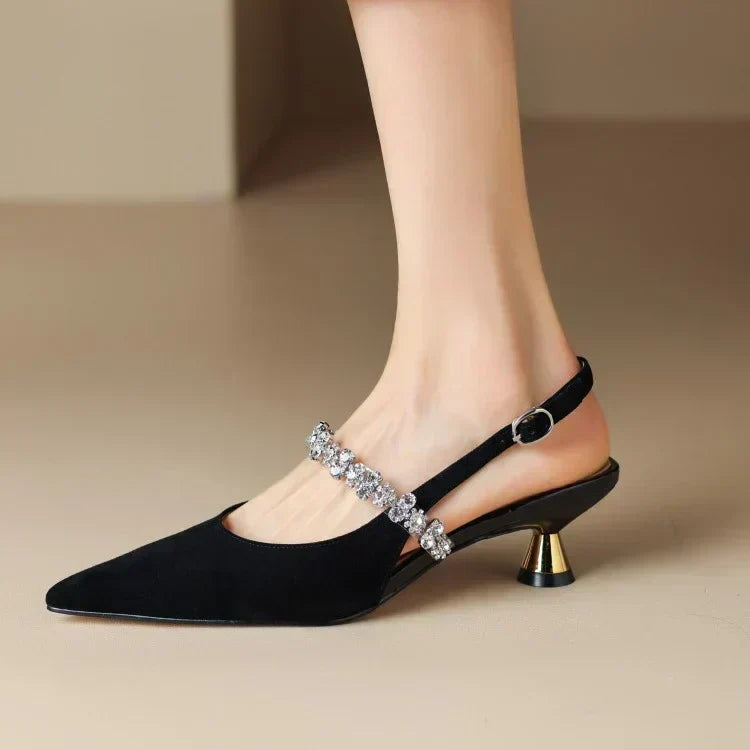 Pointed Toe Rhinestone Strap Kitten Heel Pumps