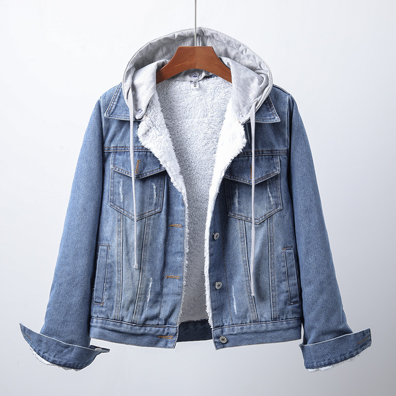 Hooded Fleece Lined Button Front Denim Jacket
