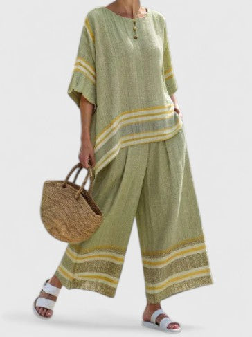 Striped Short Sleeve Top and Wide Leg Pants Two Piece Set