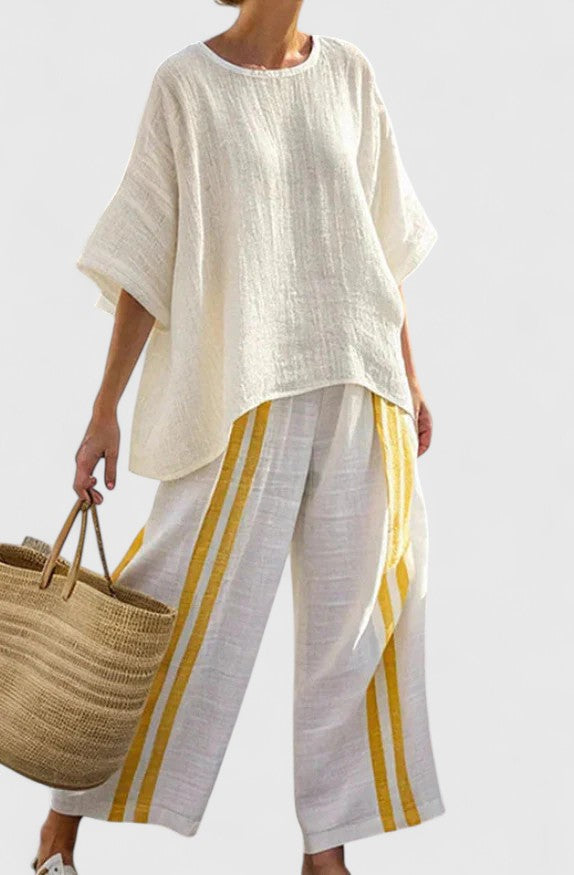 Striped Short Sleeve Top and Wide Leg Pants Two Piece Set