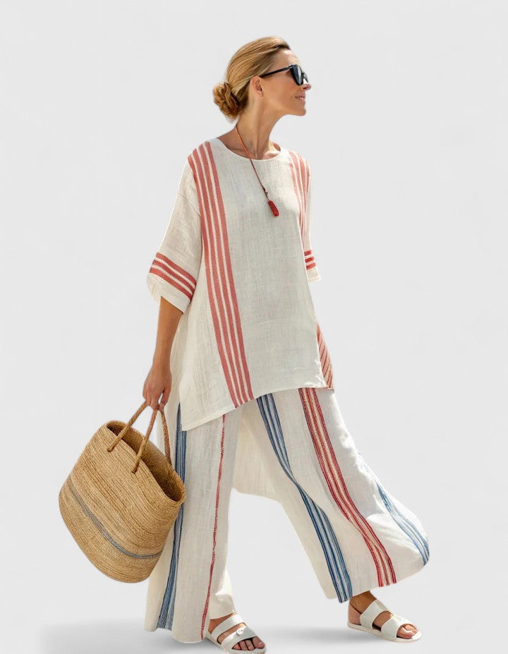 Striped Short Sleeve Top and Wide Leg Pants Two Piece Set