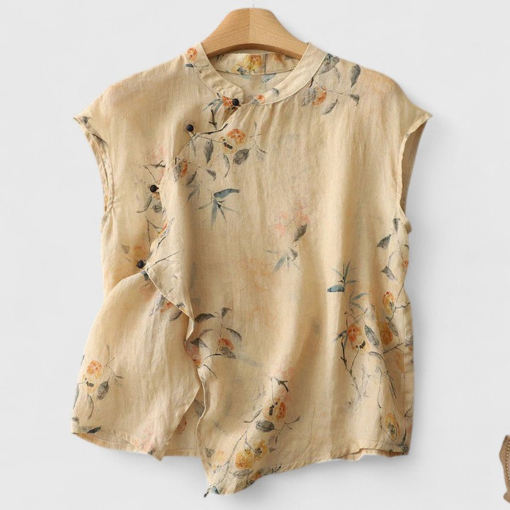 Floral Print Mandarin Collar Sleeveless Blouse