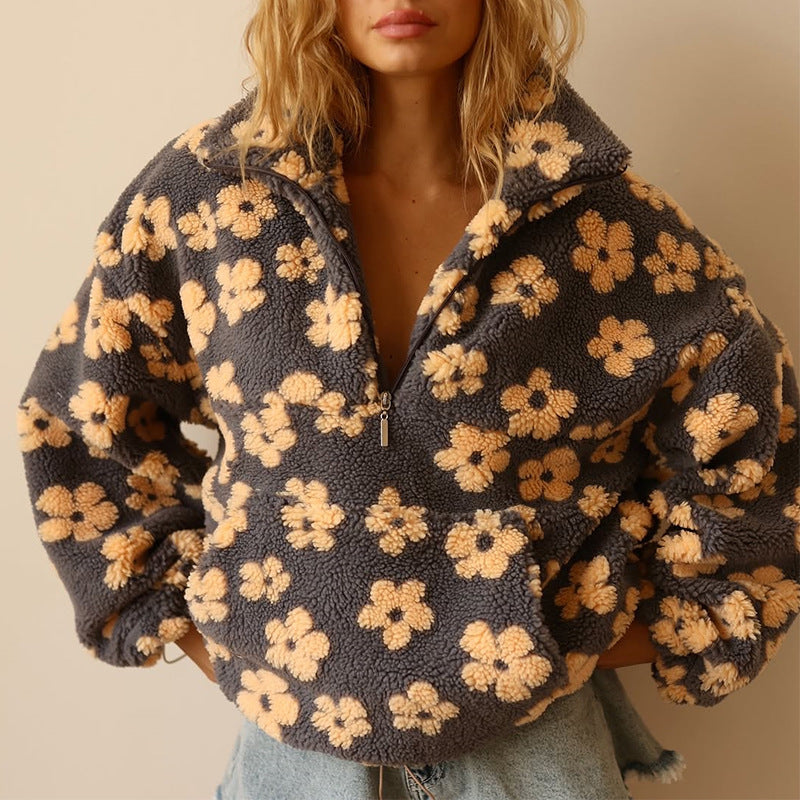 Floral Fleece Collared Half Zip Sherpa Pullover Sweatshirt