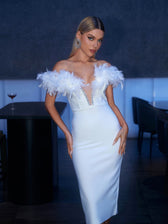 Major Off Shoulder Feather Bandage Dress In White 3