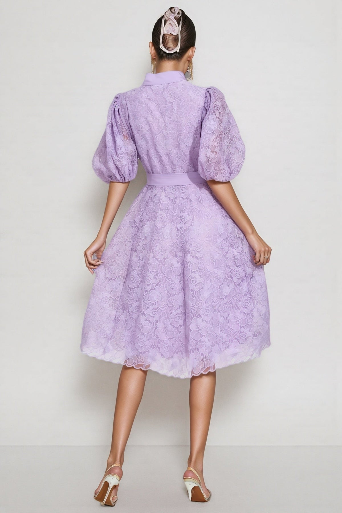 Floral Lace Puff Sleeve Button Front Tie Waist A-Line Midi Dress 3