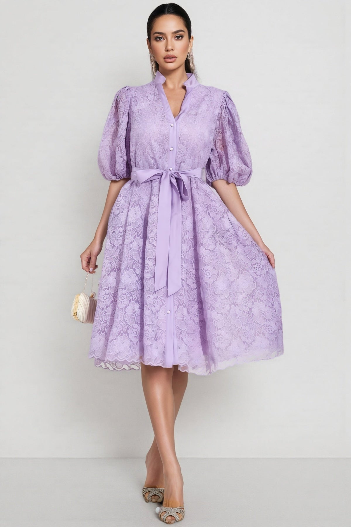 Floral Lace Puff Sleeve Button Front Tie Waist A-Line Midi Dress