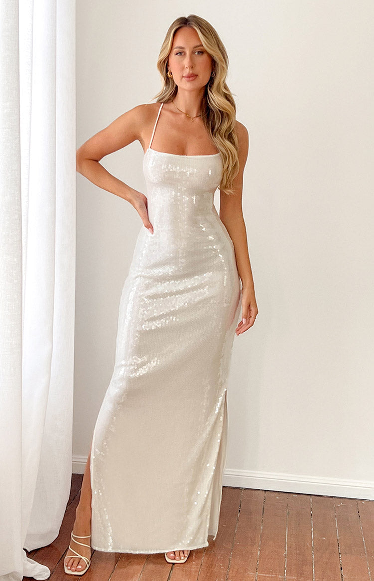 Sequin Square Neck Lace Up Back Slip Maxi Formal Dress 7