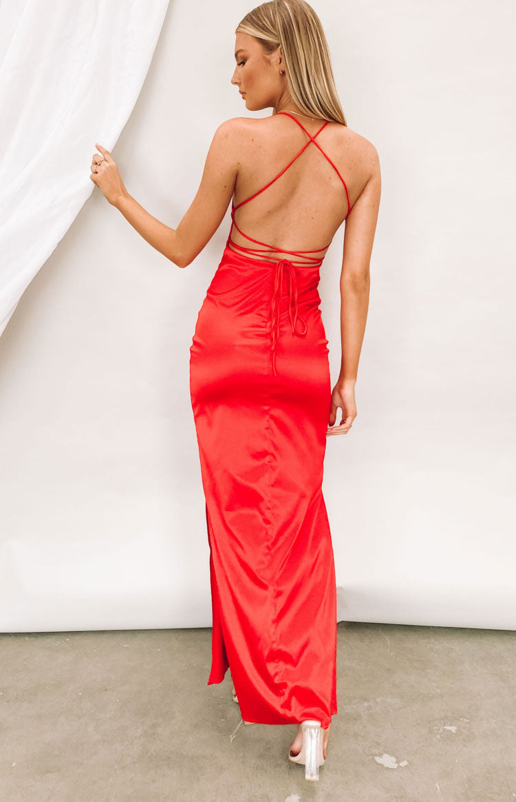 Satin Square Neck Tie Back Side Split Formal Slip Maxi Dress 8