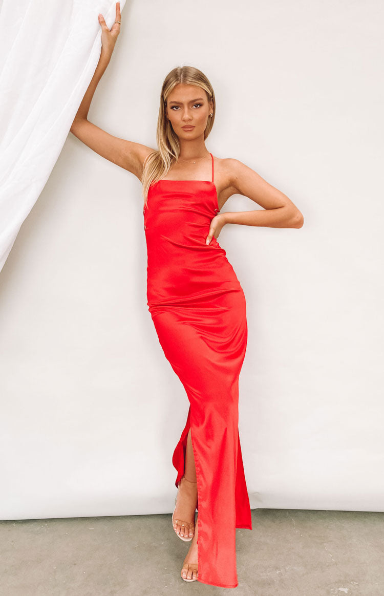 Satin Square Neck Tie Back Side Split Formal Slip Maxi Dress