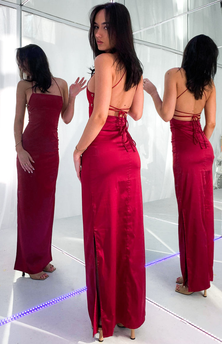 Satin Lace Up Open Back Slip Maxi Dress with Back Split 15