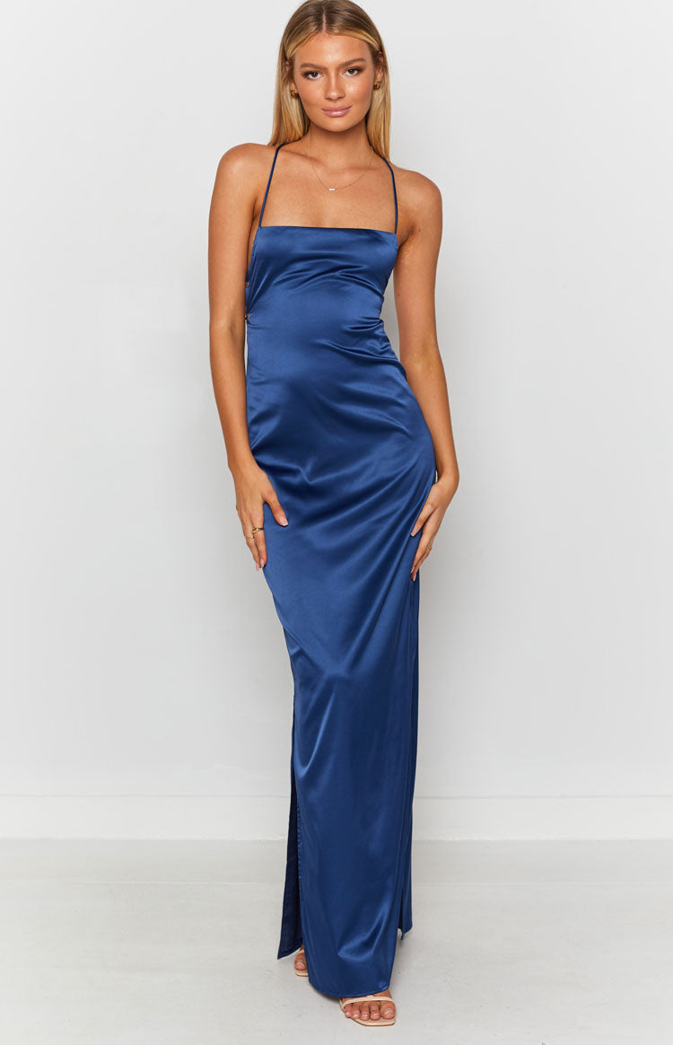 Satin Square Neck Cross Back Side Split Slip Formal Maxi Dress 8