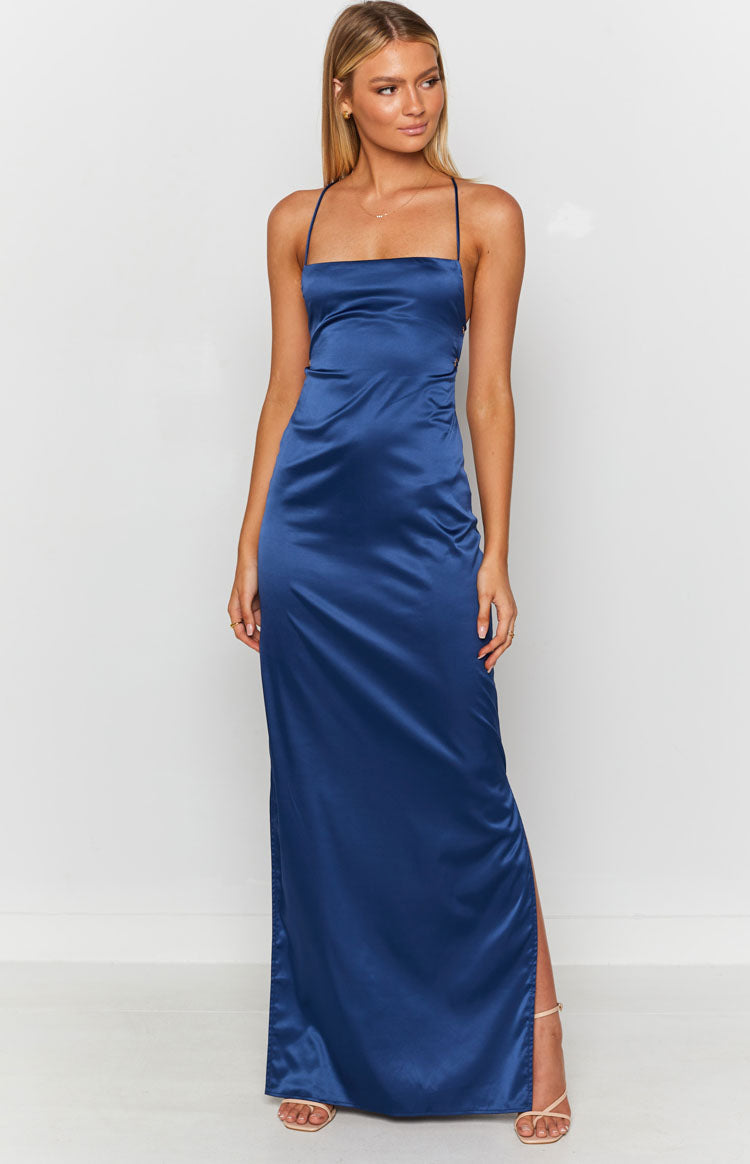 Satin Square Neck Cross Back Side Split Slip Formal Maxi Dress 9
