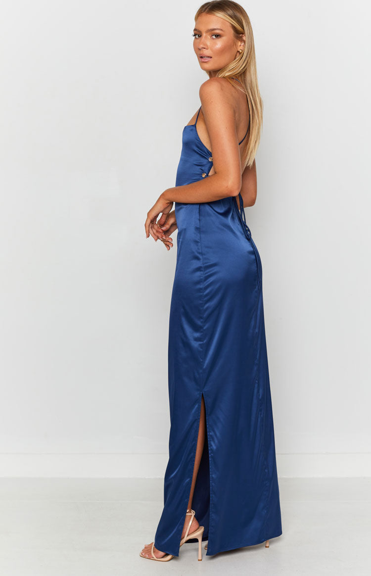Satin Square Neck Cross Back Side Split Slip Formal Maxi Dress 12