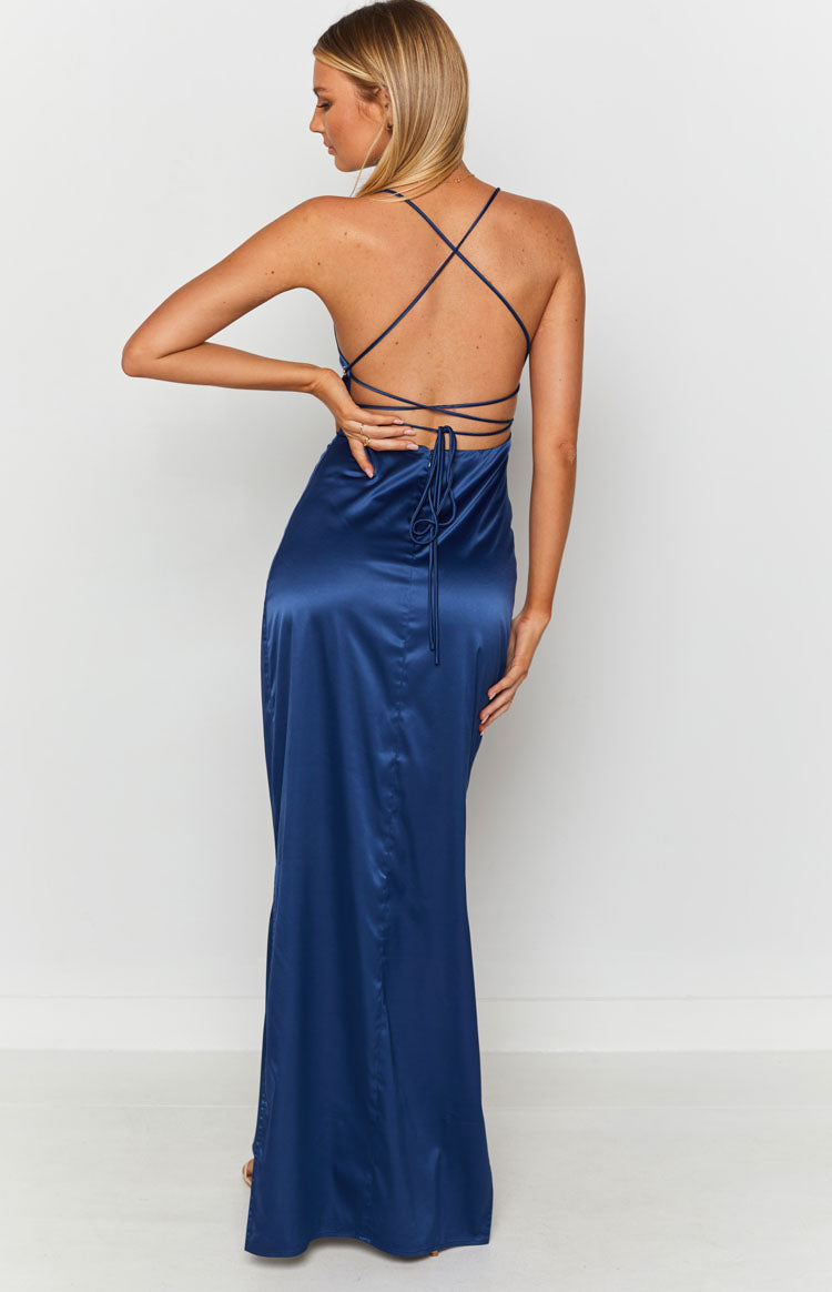 Satin Square Neck Cross Back Side Split Slip Formal Maxi Dress 14