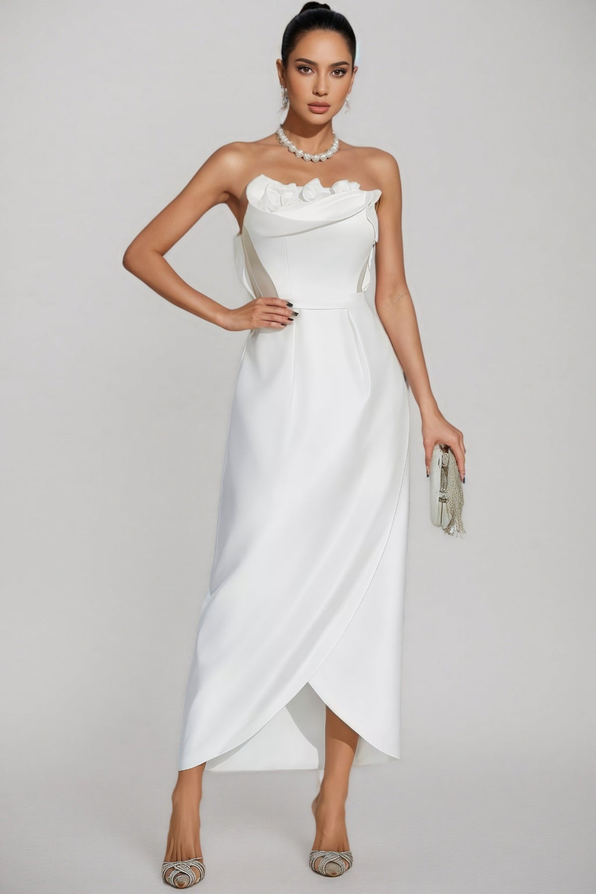 Strapless Ruffle Trim Satin Tulip Hem Midi Dress