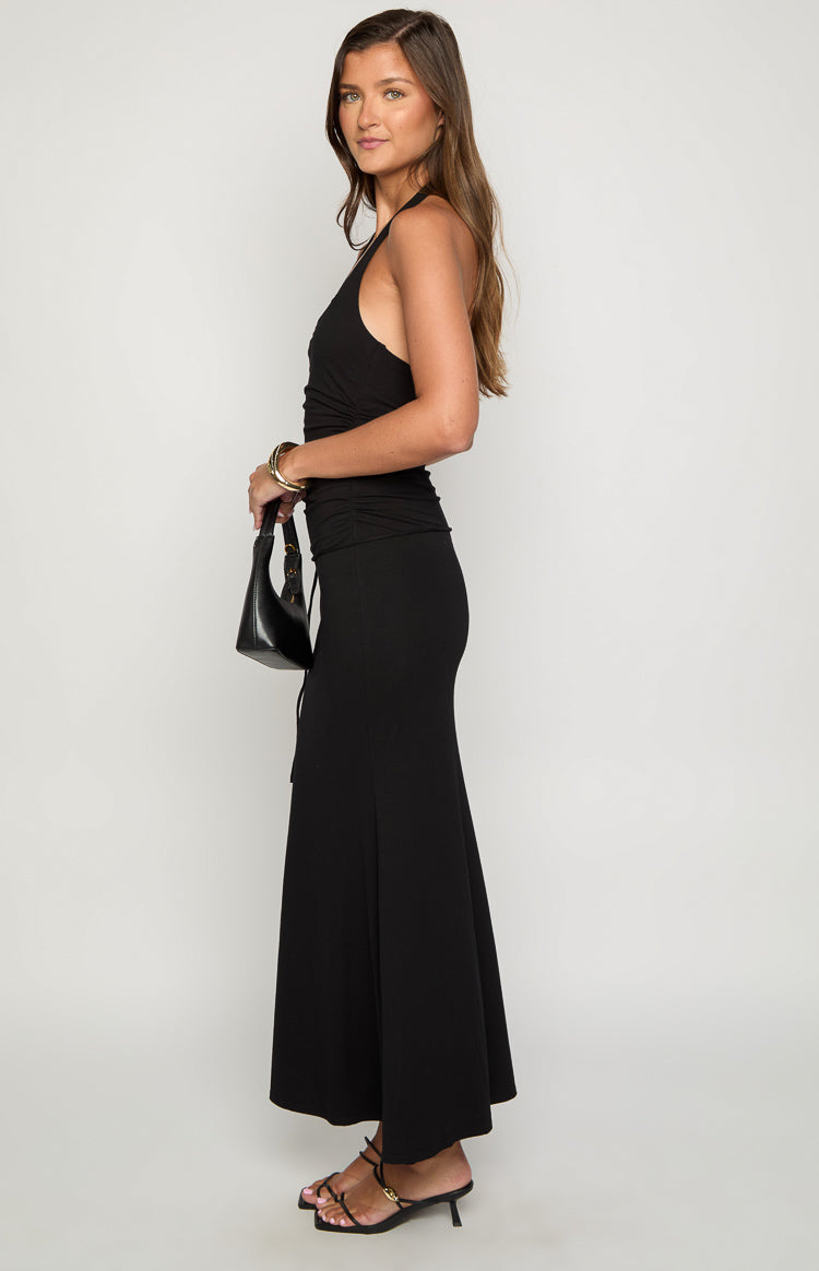 Halter Scoop Neck Ring Belt Ruched Fitted Maxi Dress 4