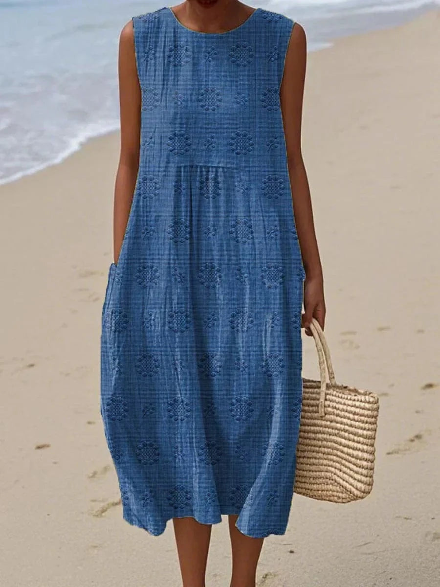 Sleeveless Textured Pocket A-Line Midi Dress 2
