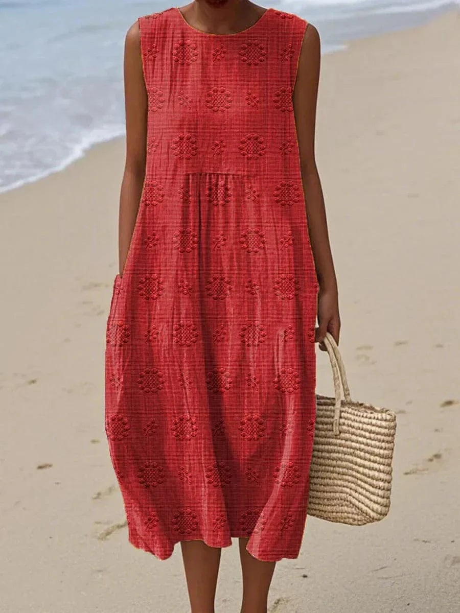 Sleeveless Textured Pocket A-Line Midi Dress 5