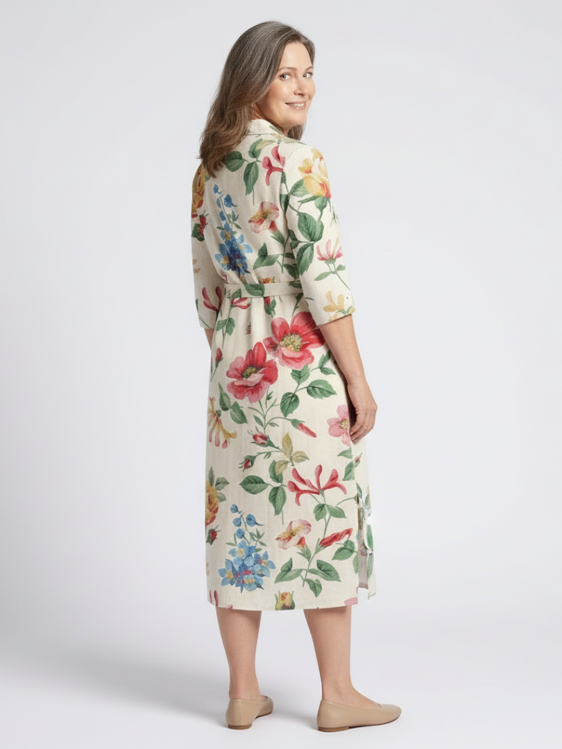 Floral Collared Long Sleeve Belted Side Split Shirt Midi Dress