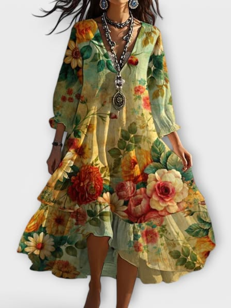 Floral Print V-Neck Long Sleeve Tiered Ruffle High Low Midi Dress
