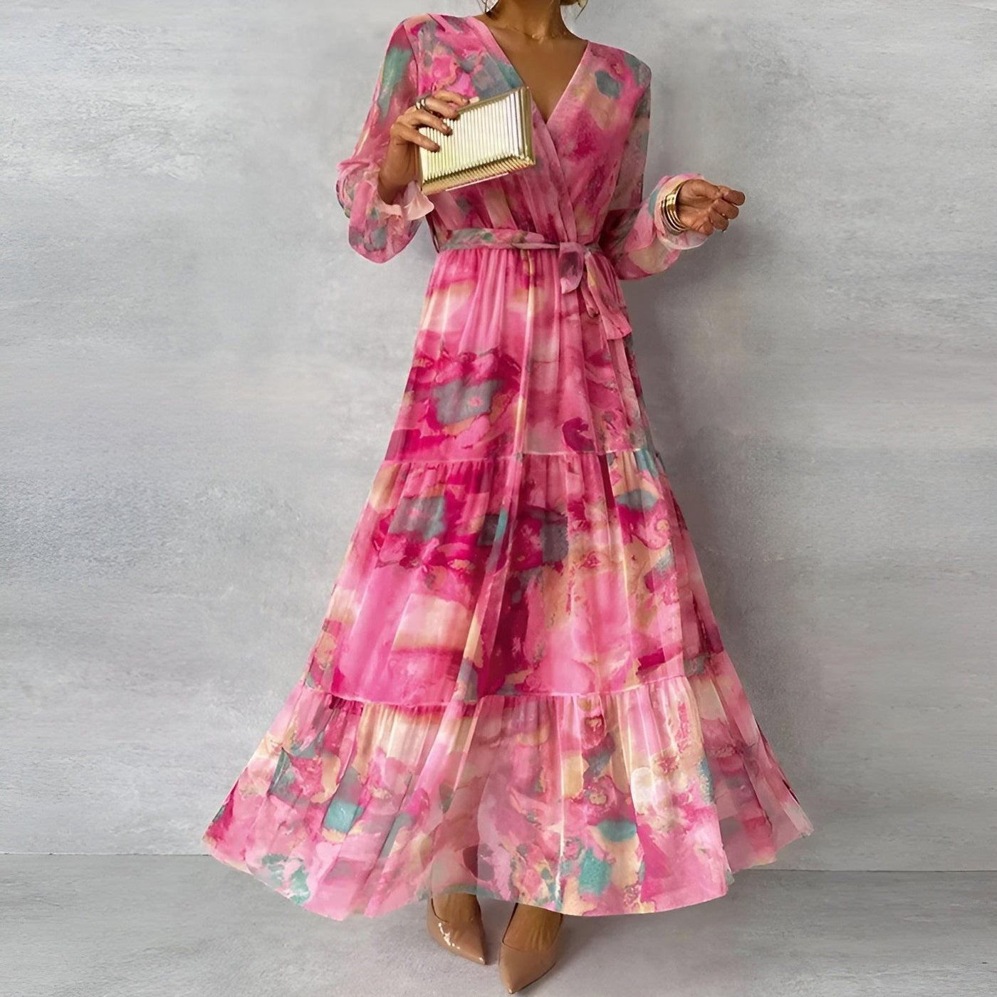 Floral Long Sleeve Wrap Tiered Chiffon Maxi Dress